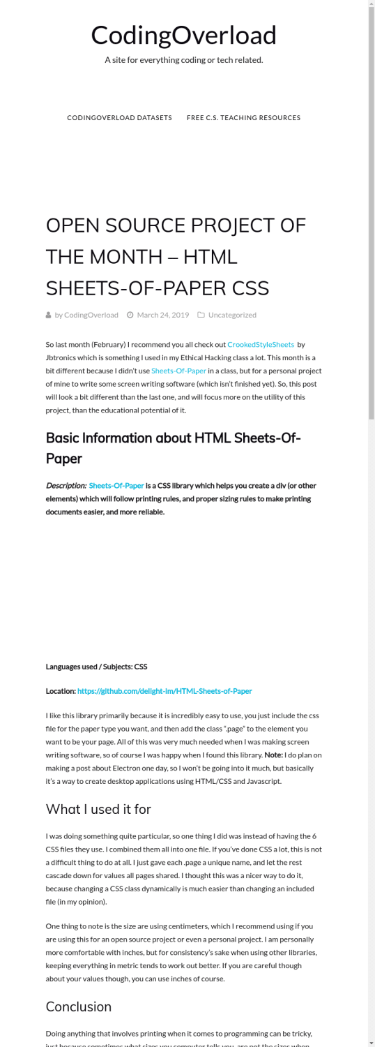 Open Source Project of the Month - HTML Sheets-Of-Paper CSS