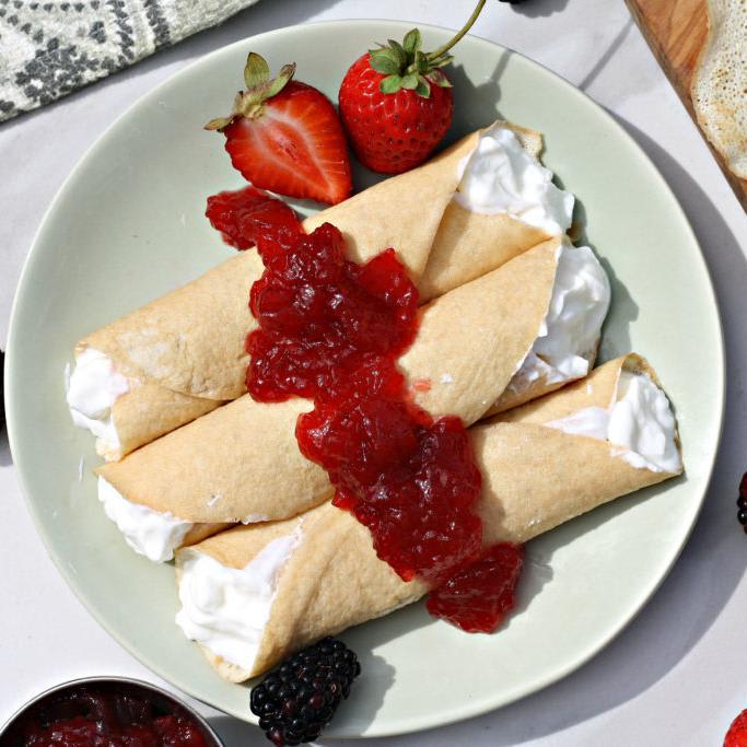 Crepes with Strawberry Red Wine Jam and Yogurt