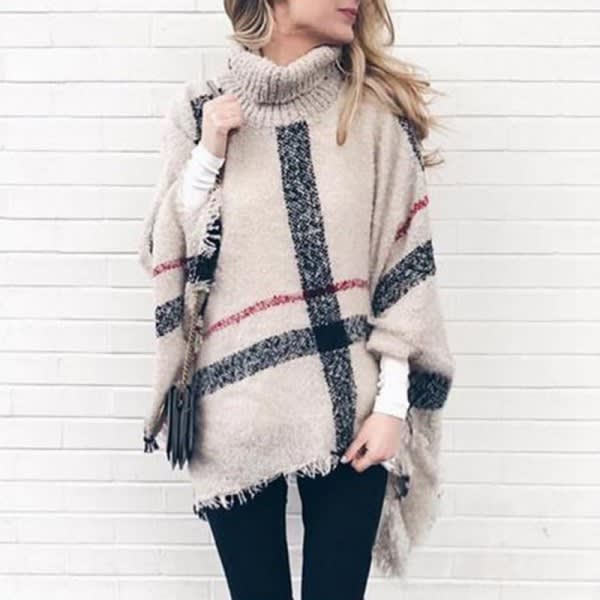 Buy Turtleneck Sweater Winter Coat Women Plaid Tassels Shawl Knitting Jumper Pullover Ponchos And Capes