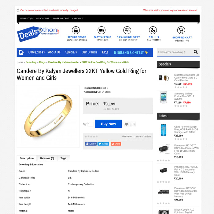 Candere By Kalyan Jewellers 22KT Yellow Gold Ring for Women and Girls