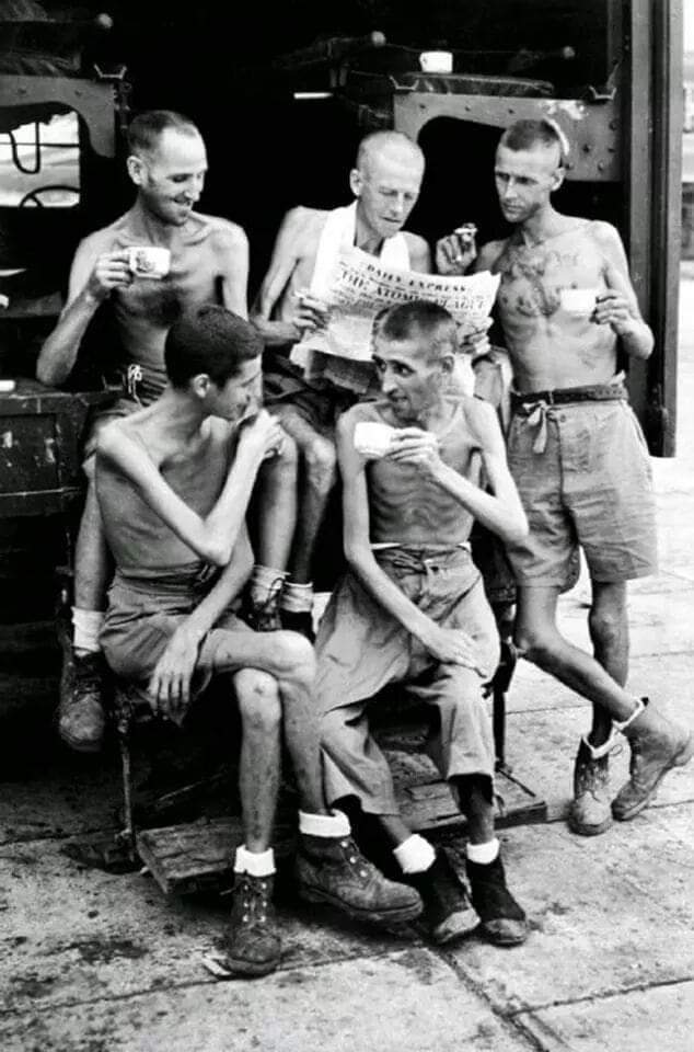 Australian soldiers after being liberated from a Japanese concentration camp, 1945