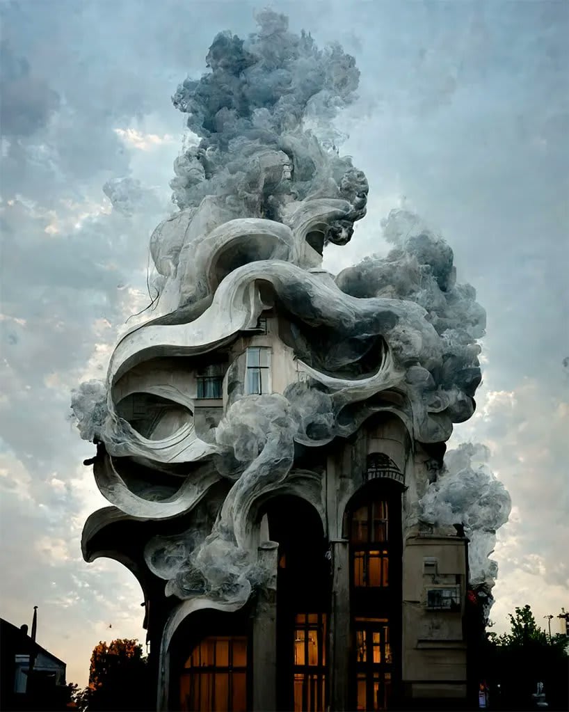 art nouveau facades disintegrate amid fantastical clouds of smoke in