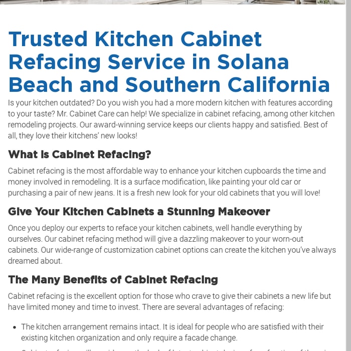 Trusted Kitchen Cabinet Refacing Service in Solana Beach and Southern California