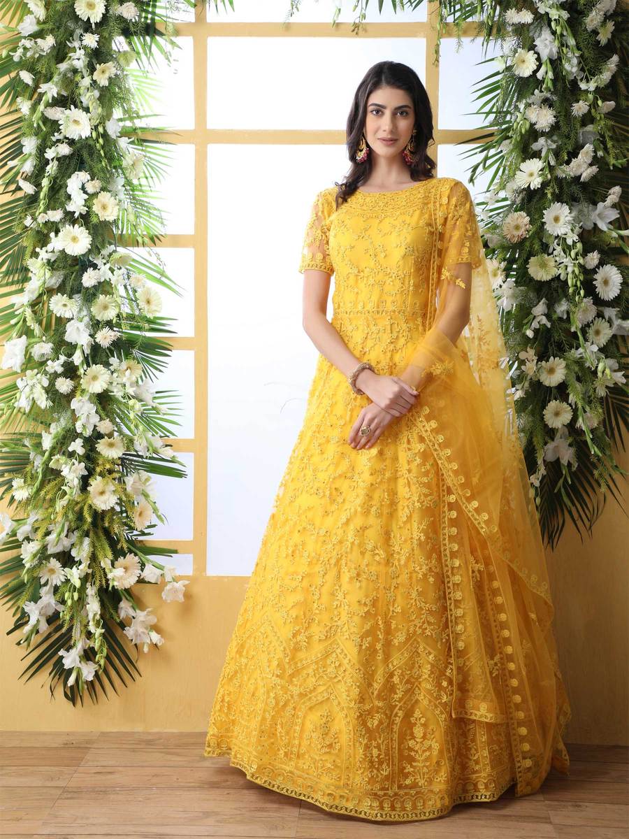 Yellow Color Net Fabric Thread Embroidered Gown Style Anarkali Suit