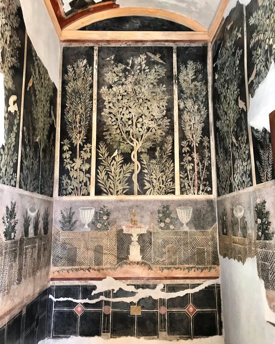 Roman frescoes at the House of the Orchard in Pompeii, depicting a city garden complete with lemon and strawberry trees, fluttering birds and even a fig tree sheltering a snake, a symbol of prosperity. 1st century BCE-1st century CE
