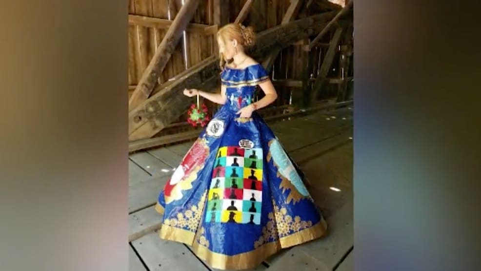 Teen fashions coronavirus themed prom dress with duct tape