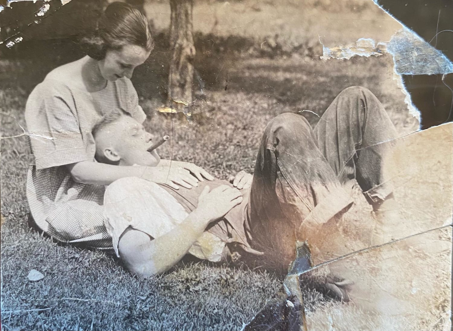 My great-grandfather relaxing in his yard, in my great-grandmother’s lap, shortly after returning from Battle Argonne Forest, WW1. He would be totally blind by 40, due to gas attacks in that battle.