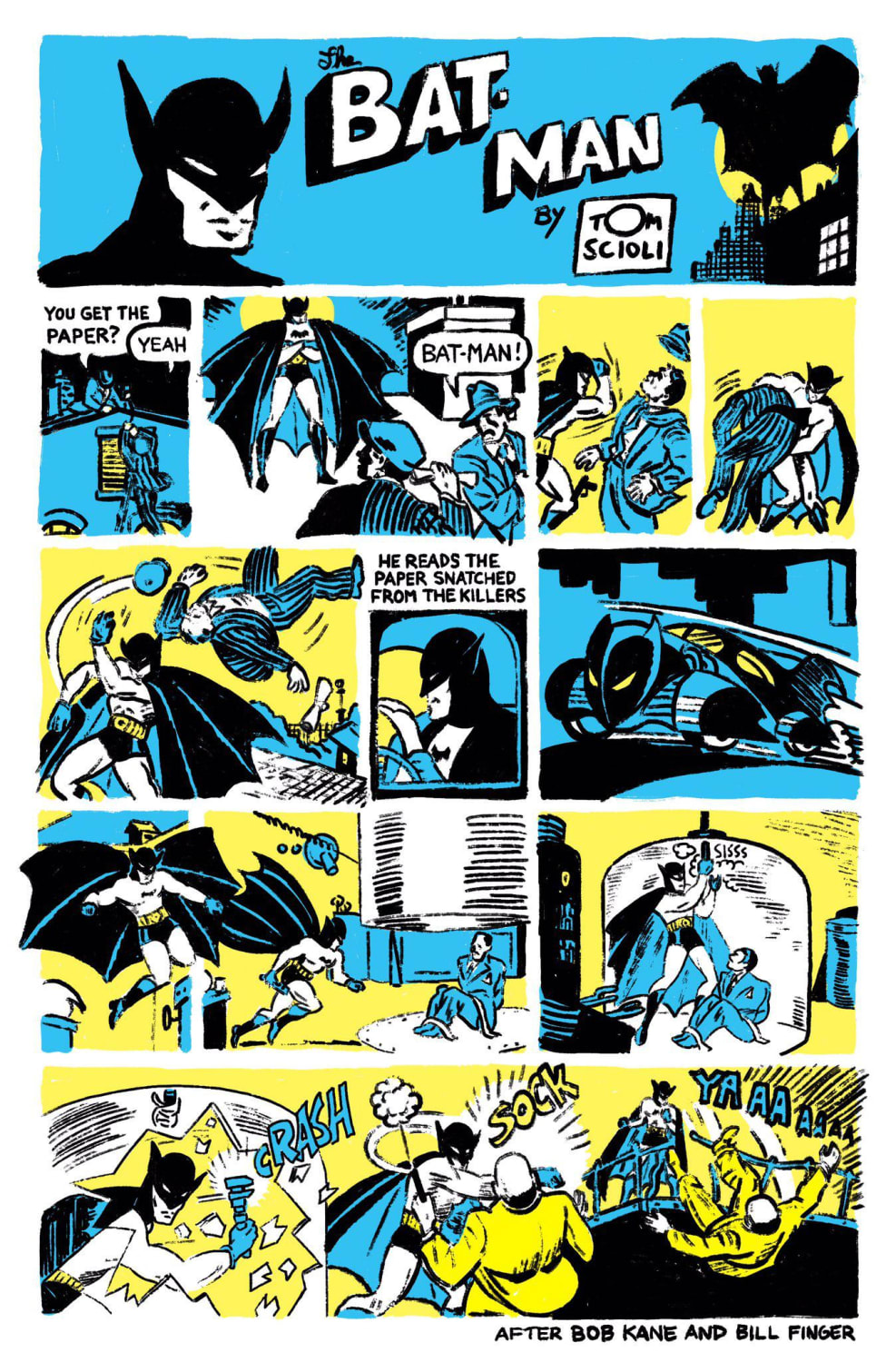 Tom Scioli’s remix of Batman’s first comic book appearance in DETECTIVE COMICS #27 (1939)