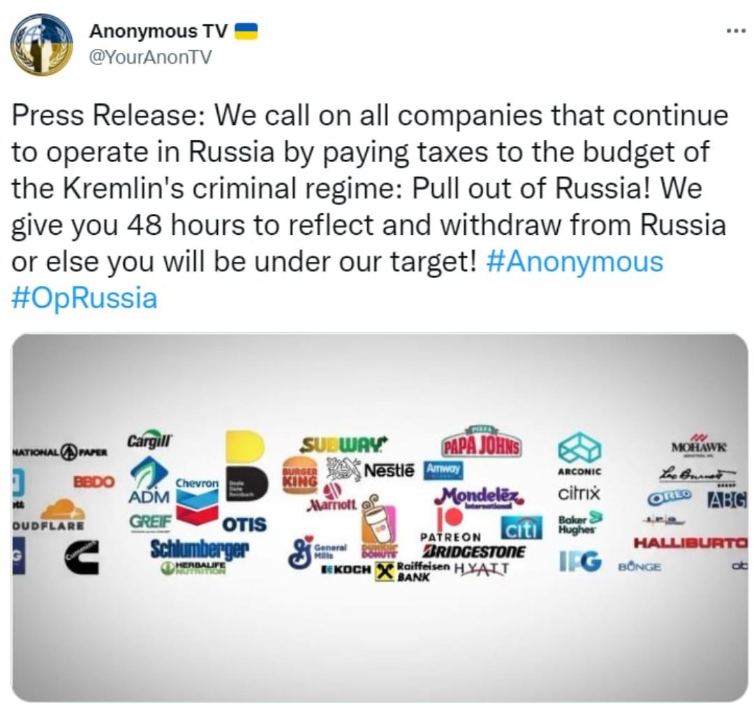 🇺🇦 Anonymous threatened to hack 40 companies that continue to cooperate with the Russian Federation The hacktivists gave 48 hours for foreign companies to leave the Russian Federation and urged them to stop contributing to the financing of the war.