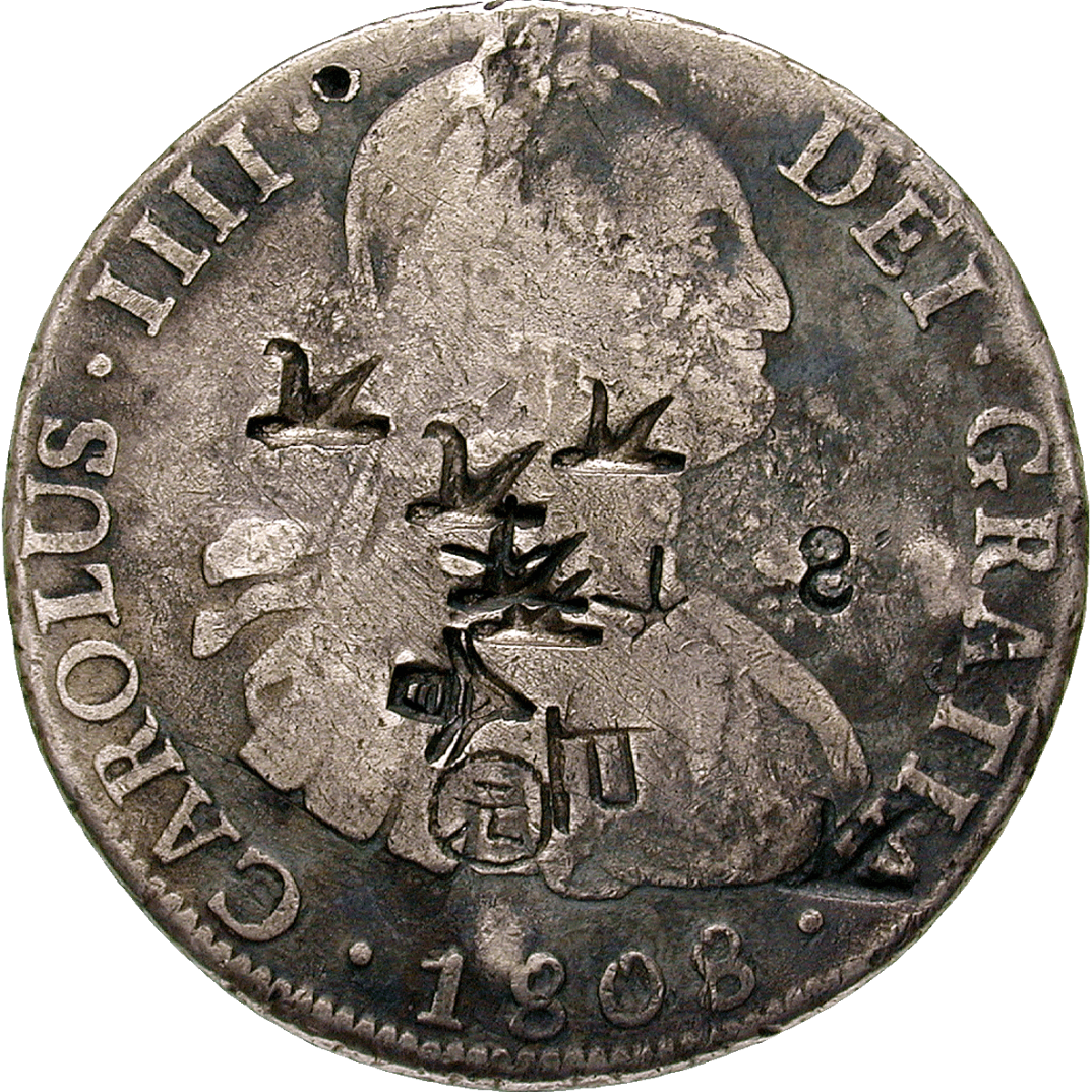 Spanish silver coin minted in Bolivia with chop marks from 12 different Qing Dynasty merchant silver inspectors, validating its weight, authenticity, and silver content (early 19th century)