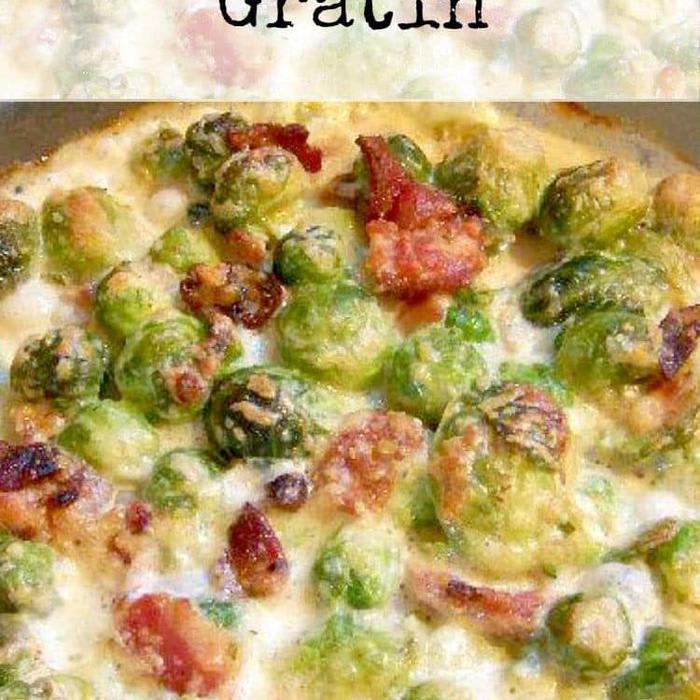 Bacon and Brussels Sprouts Gratin, all baked in a delicious creamy sauce