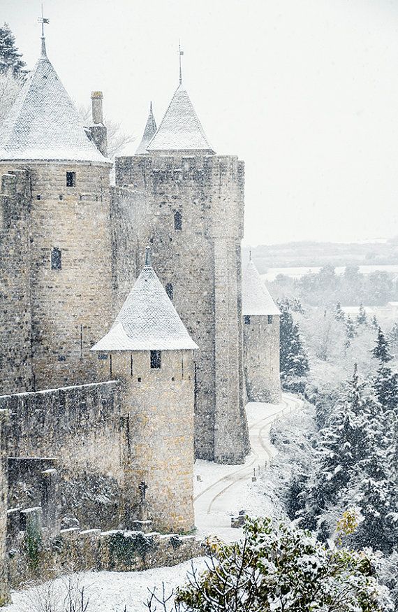 Medieval castle in the snow Travel photography French castle Winter in Europe Original photography Photo print