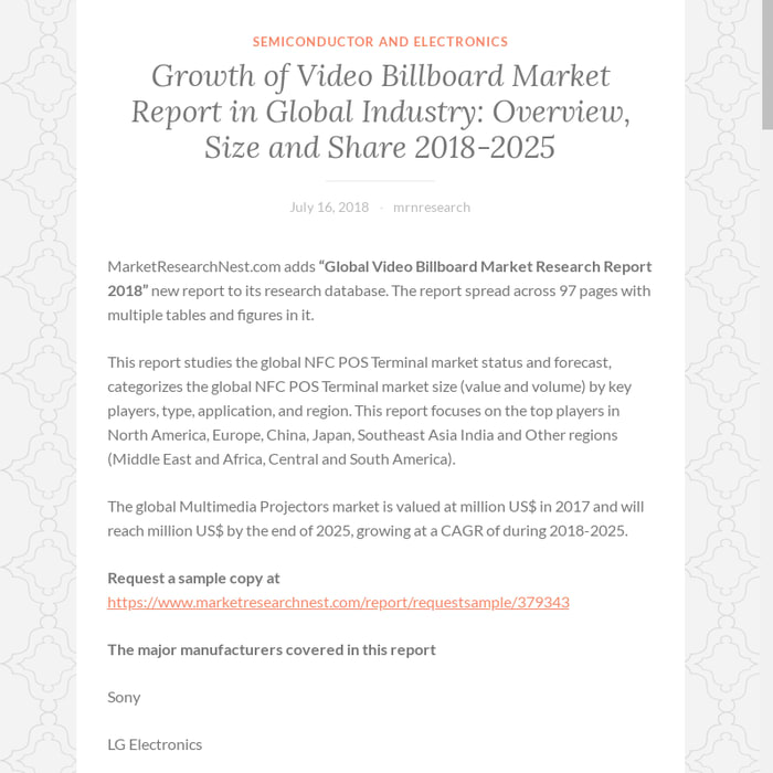 Growth of Video Billboard Market Report in Global Industry: Overview, Size and Share 2018-2025