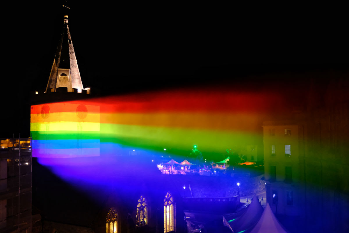 A rainbow projection on Town Church, St Peter Port, Guernsey, to mark Channel Islands Pride last week (photo: Paul Chambers Photography)