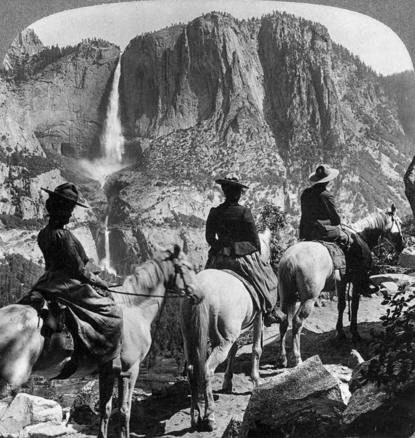 Tourists ride the Glacier Point trail in Yosemite, 1901