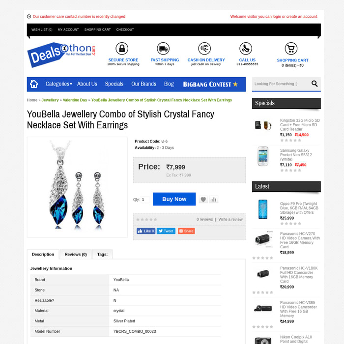 YouBella Jewellery Combo of Stylish Crystal Fancy Necklace Set With Earrings