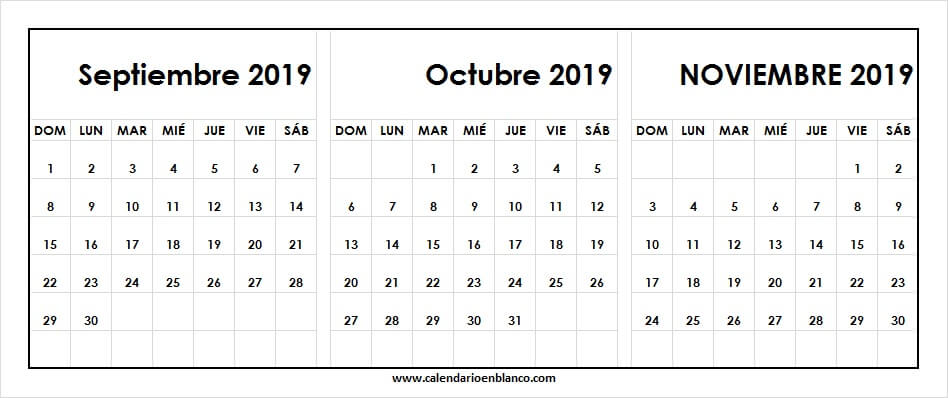 Descargar Calendario Trimestral Septiembre Octubre Noviembre 2019