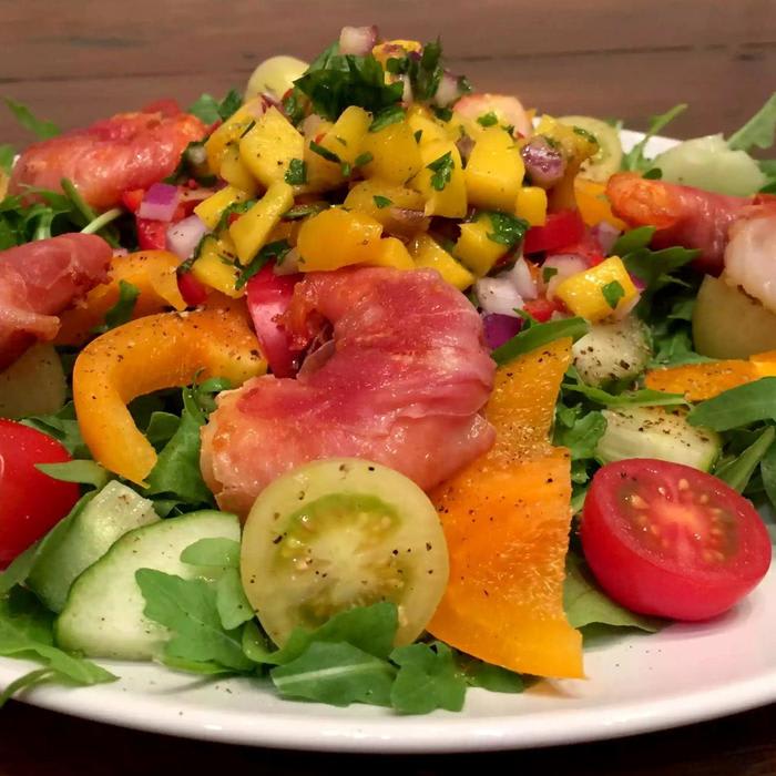 Prosciutto Wrapped Jumbo Shrimp Salad with Mango Salsa - Emma Eats & Explores