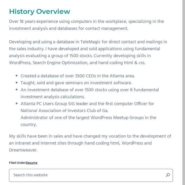 Resume Objectives History job web design database integration
