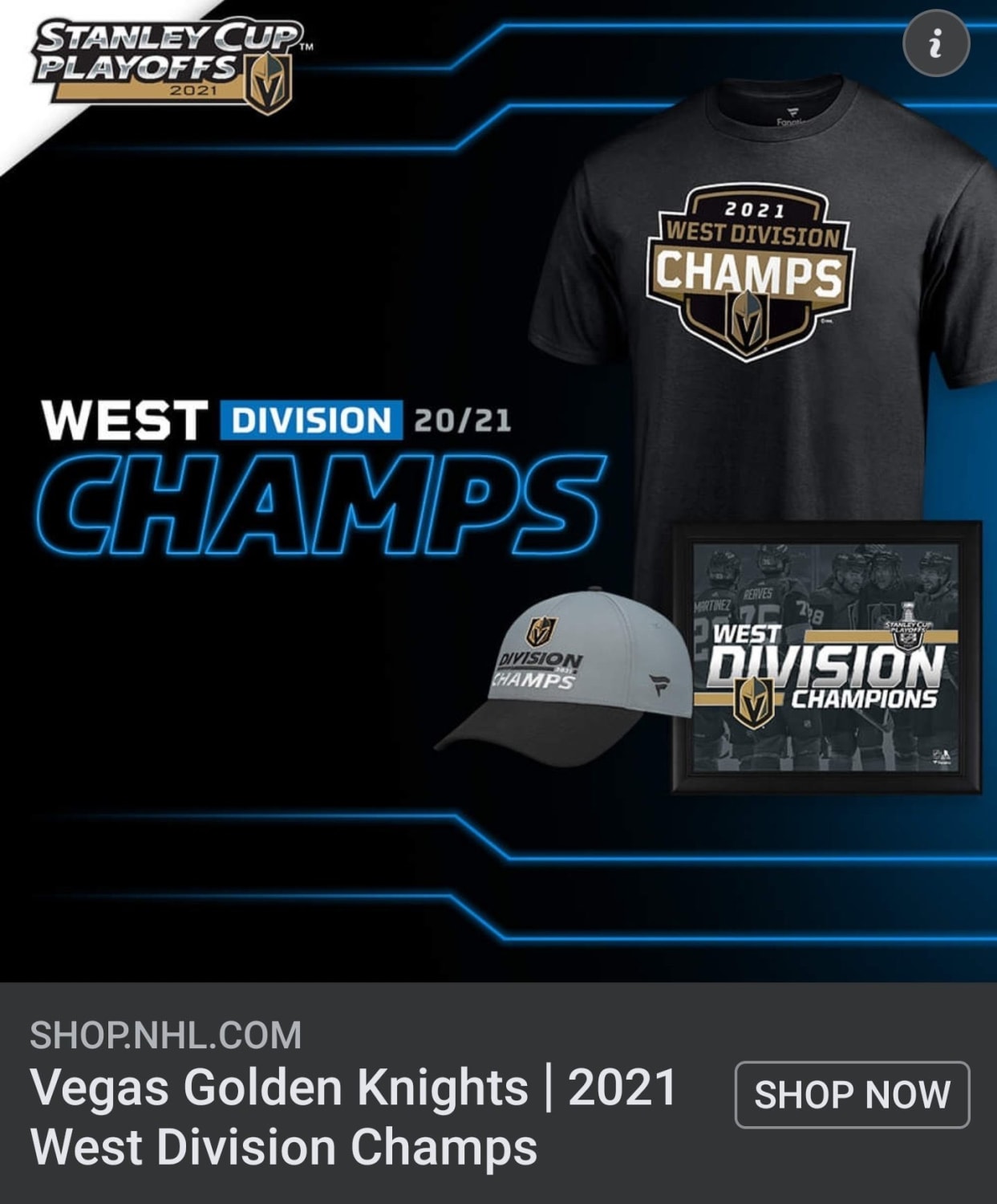 An official ad for Golden Knights division champs merchandise on sale that would be perfect........if they hadn't lost the division in a tiebreaker today