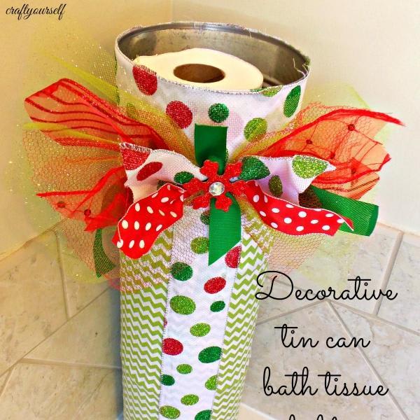 Decorative tin can bath tissue holder for the holidays