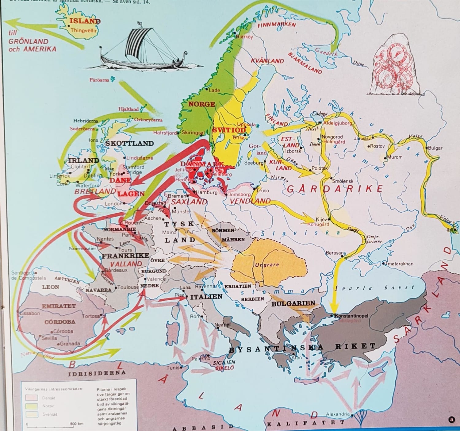 Viking, Magyar and Arab raids in Europe, with the names (in red) the Vikings used to give the different countries