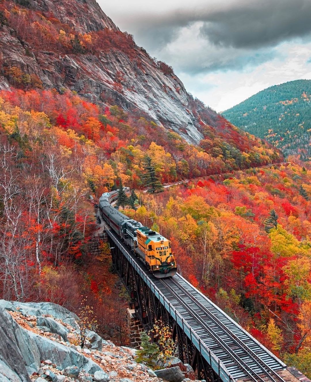 Conway Scenic Railroad train in the White Mountains region of New Hampshire.