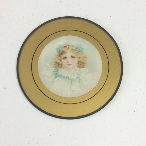 Victorian child portrait flue cover blonde girl litho print glass shabby cottage wall hanging