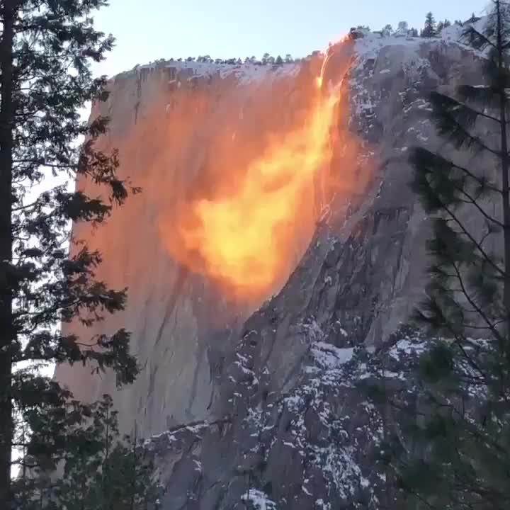 Horsetail Fall in Yosemite National Park becomes a beautiful "Firefall" when the setting sun illuminates it.