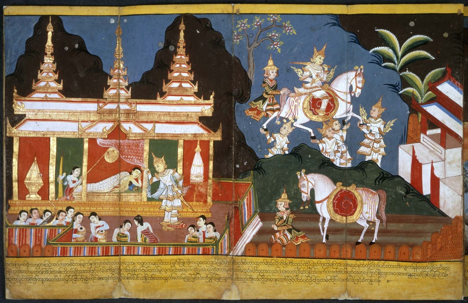 Scene from Life of Buddha from a 19th-century Burmese illustrated manuscript