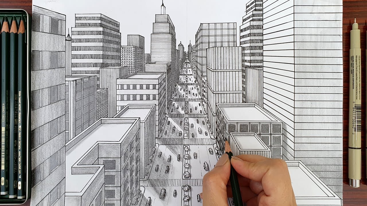 Drawing A City in One Point Perspective | Timelapse