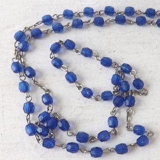 Blue rosary, vintage prayer beads in pouch, silver tone Jesus crucifix cross, Virgin Mary medal, Christian Catholic religious icon