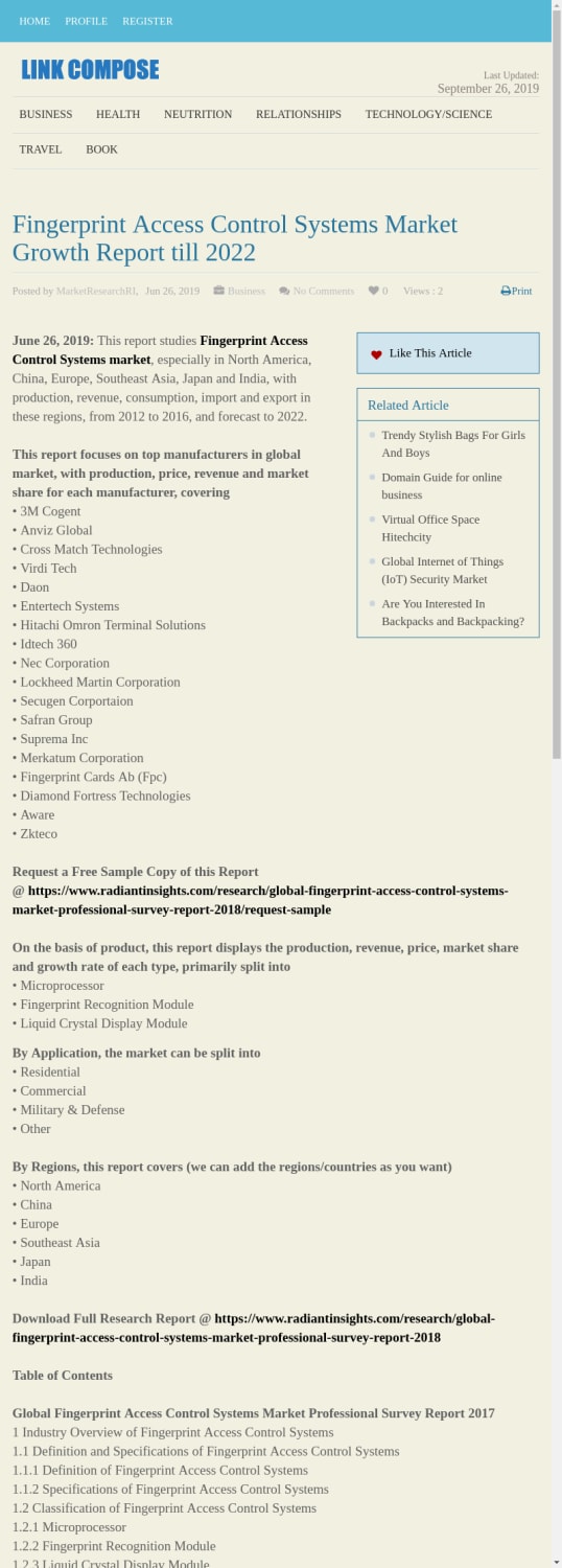 Fingerprint Access Control Systems Market Analysis Report till 2022