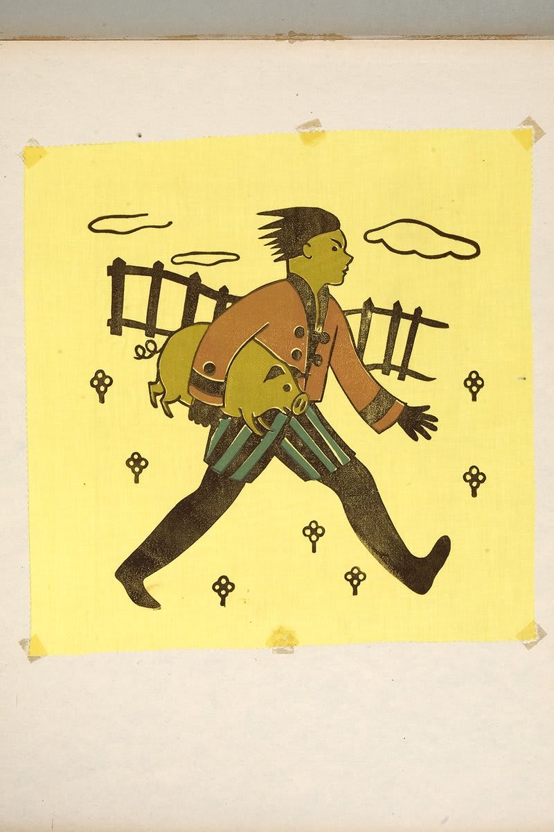 State Fair is coming soon in Minnesota! What are you most looking forward to at the Fair? This lemon-yellow cotton fabric has State Fair vibes; it features a male figure running with a pig under his arm. Milwaukee Handicraft Project WPA, 1935-1943.