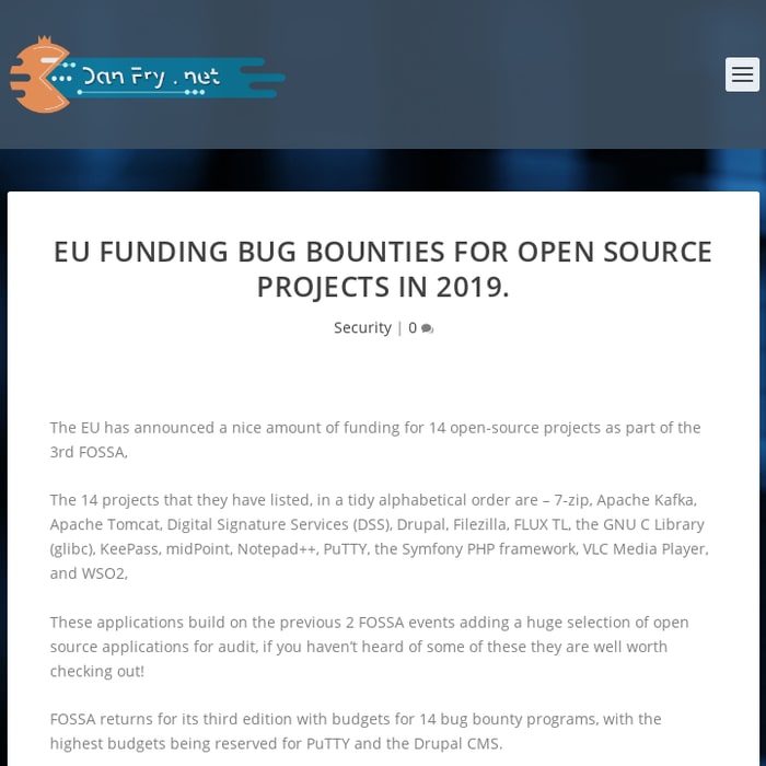 EU funding bug bounties for open source projects in 2019. ~ Dan Fry .net