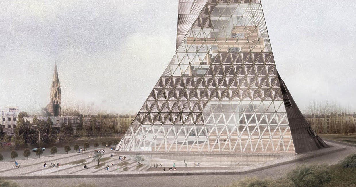 JOA's new library proposal in poland looks like a rotating tower of books