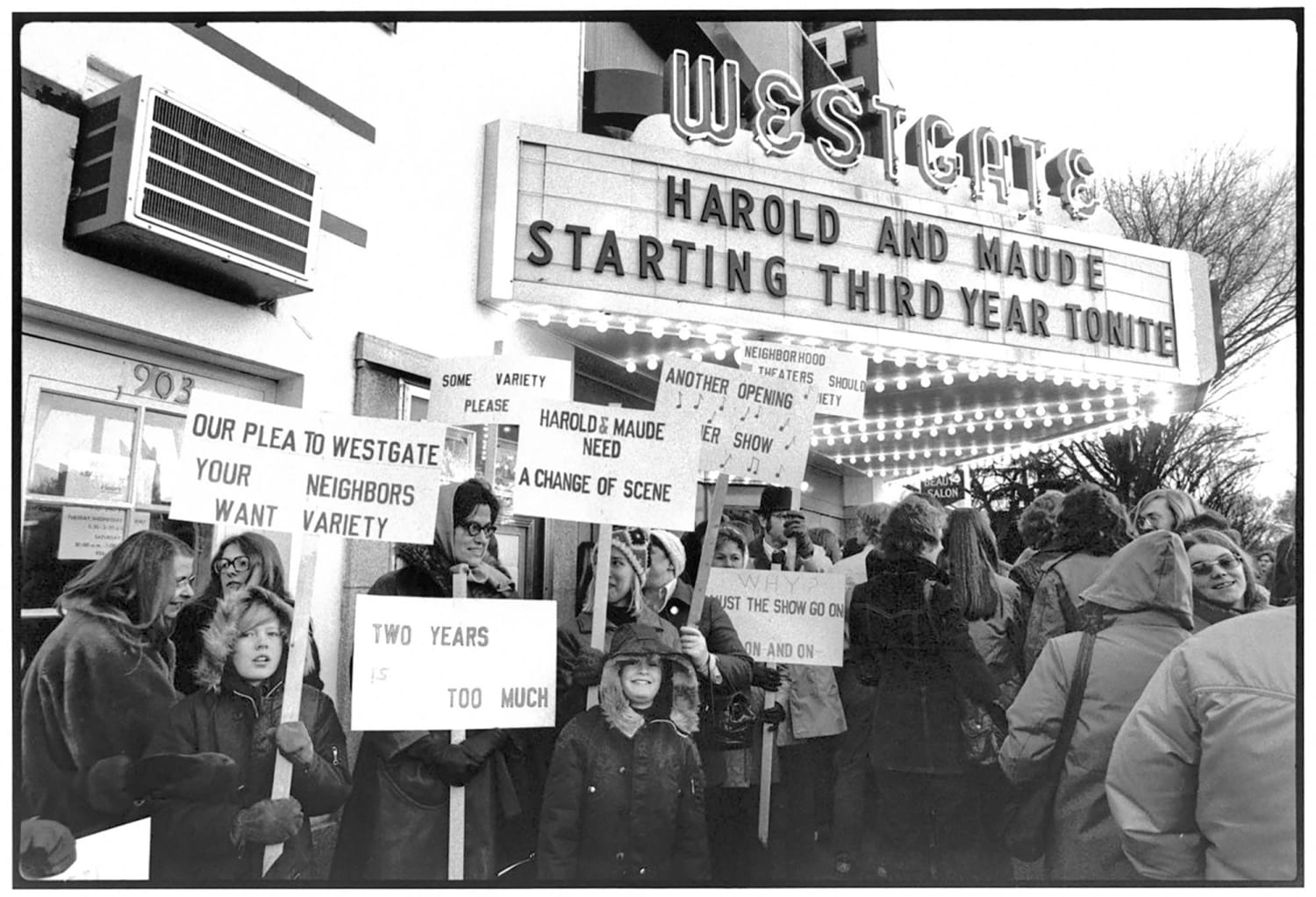 Protest at the Westgate Theatre in Edina, Minnesota, 104-weeks into the theatre’s 114-week run of Harold and Maude, March 20, 1974.