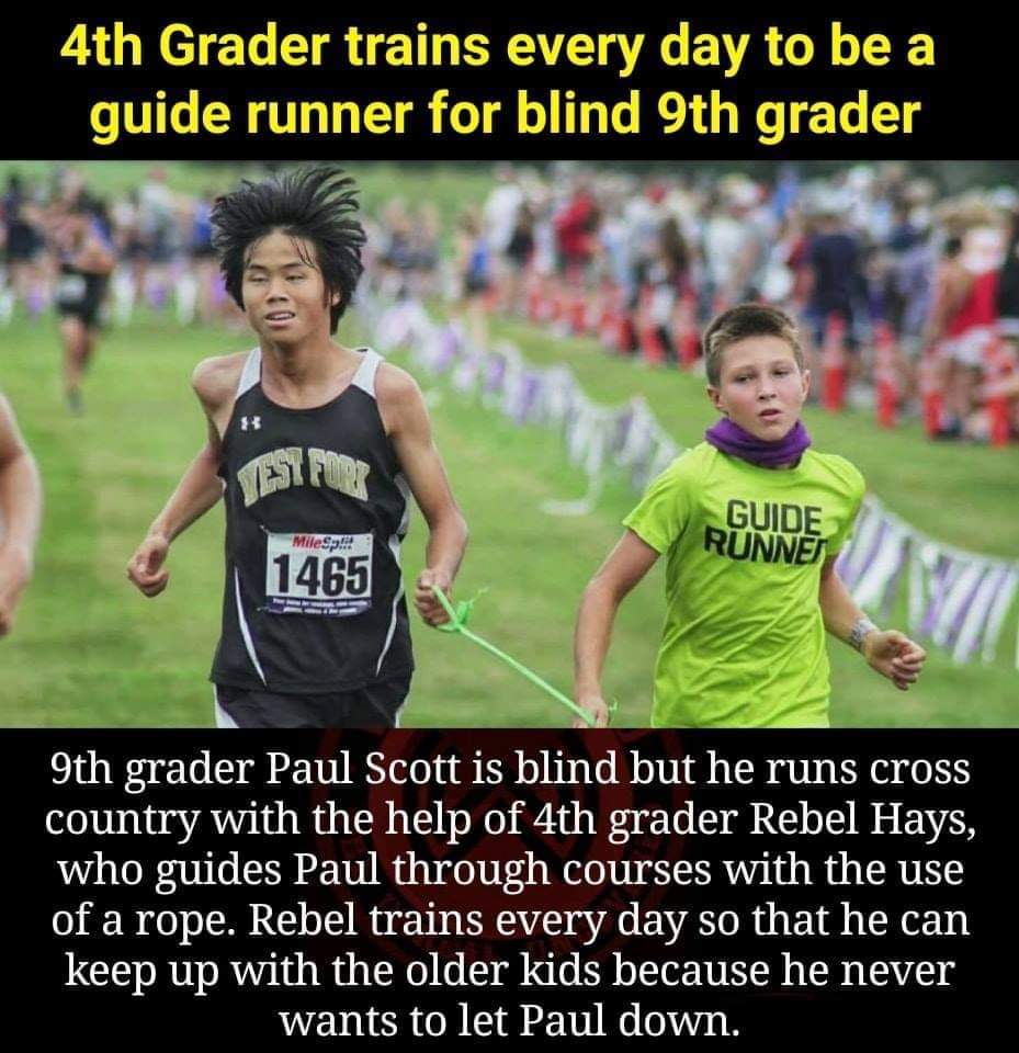 Kid works out everyday in order to keep up as a guide for an older blind kid during athletic sports