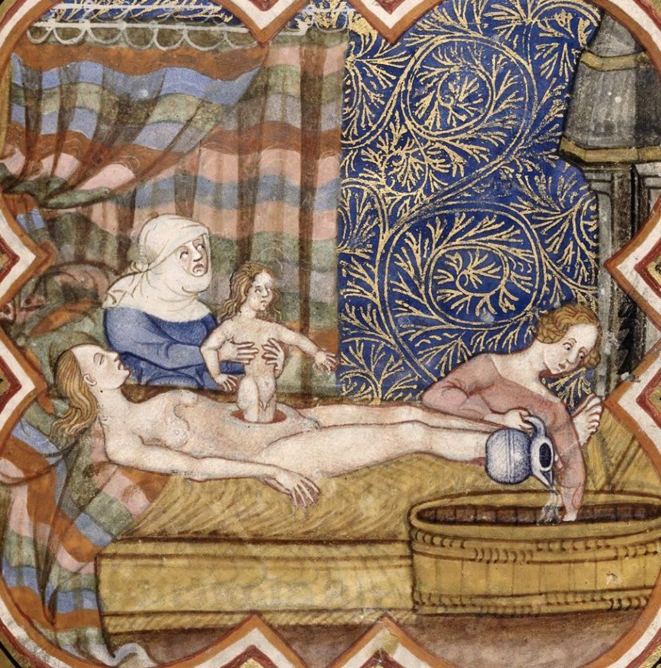 Illustration of the birth of Julius Caesar from a 14th century illuminated manuscript called Les anciennes hystoires rommaines.