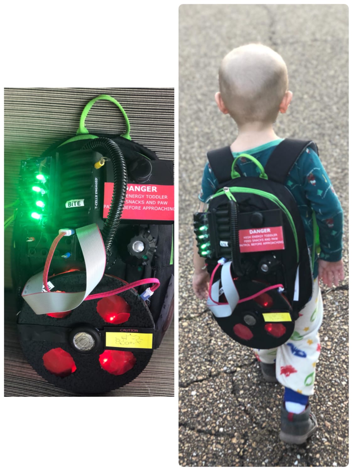 I made a “proton pack” for my toddler so he could run while having continuous IVs to treat cancer.