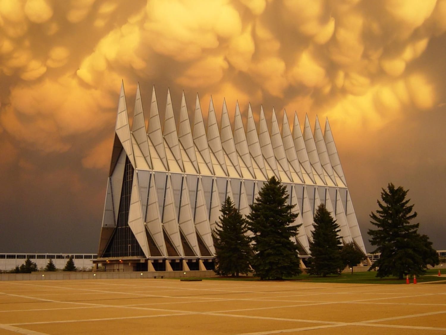 United States Air Force Academy Cadet Chapel - Colorado Springs, Colorado - 1962 - Designed by Walter Netsch of Skidmore, Owings and Merrill - A highly regarded example of modernist architecture - American Institute of Architects' National 25 Year Award 1996 - U.S. National Historic Landmark in 2004