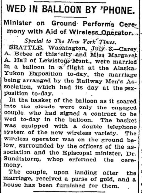 Today in 1909: A couple were married in a hot air balloon flight with a minister performing the ceremony via telephone from the ground