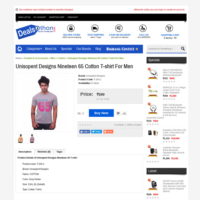 Unisopent Designs Nineteen 65 Cotton T-shirt For Men