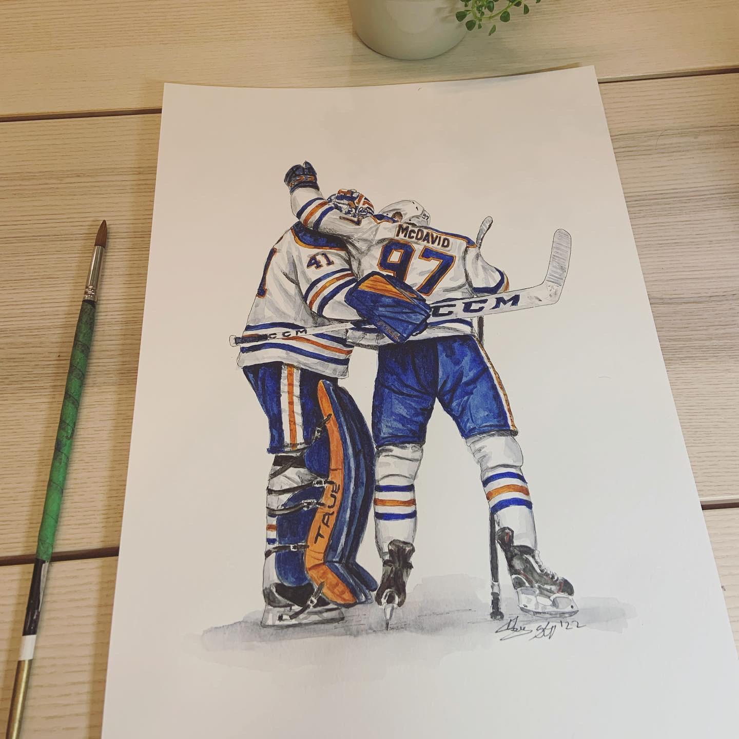 After watching McDavid’s OT goal assisted by Mike Smith a few weeks ago, I was inspired to paint them together celebrating their victory. The Oilers put everything they’ve got into each game and it’s amazing to watch a team play well together. 🏒🙌 🎨