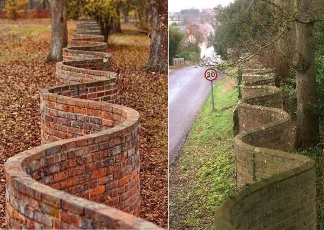Winding brick walls take less bricks than straight walls since straight walls require at least two brick thickness for stability.