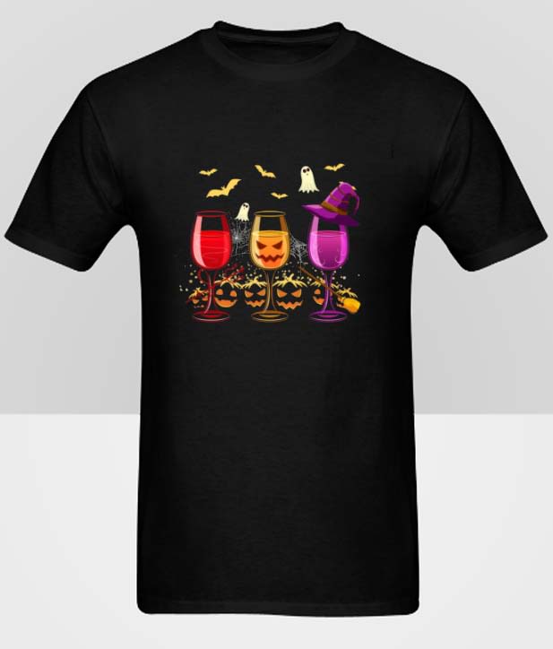 Wine Glass Ghost Pumpkin Bat Halloween T-Shirt