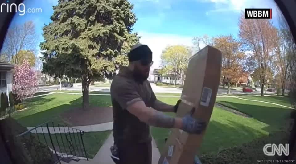 UPS guy (Marco Angel) delivers a 100 pound hammock and a little 4 yr old tried to bring it in and it fell on him and trapped him. UPS guy hears the kid crying and comes racing back and frees him