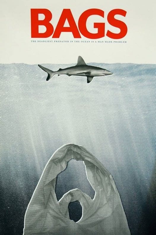 Play on the Jaws poster, showing the problems of plastic bags
