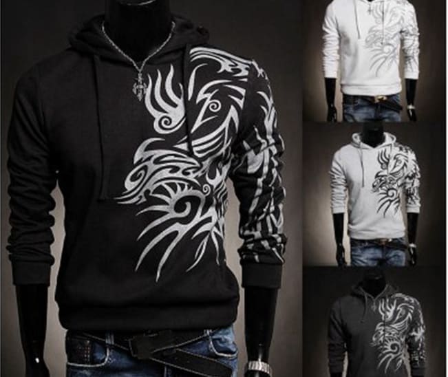 Mens Hooded Tattoo Coats Slim Casual Stylish Printed Fleece Sweatshirt