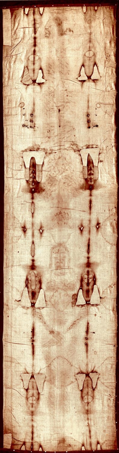 The Shroud of Turin: Linen cloth bearing an image of Jesus Christ's face supposedly wrapped around his body after the crucifixion. It is however a hoax as radio carbon dating analysis revealed it originated from the Middle Ages. 1260 - 1390 AD